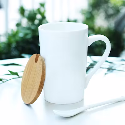 Ceramic Mug with Wooden Lid & Coaster